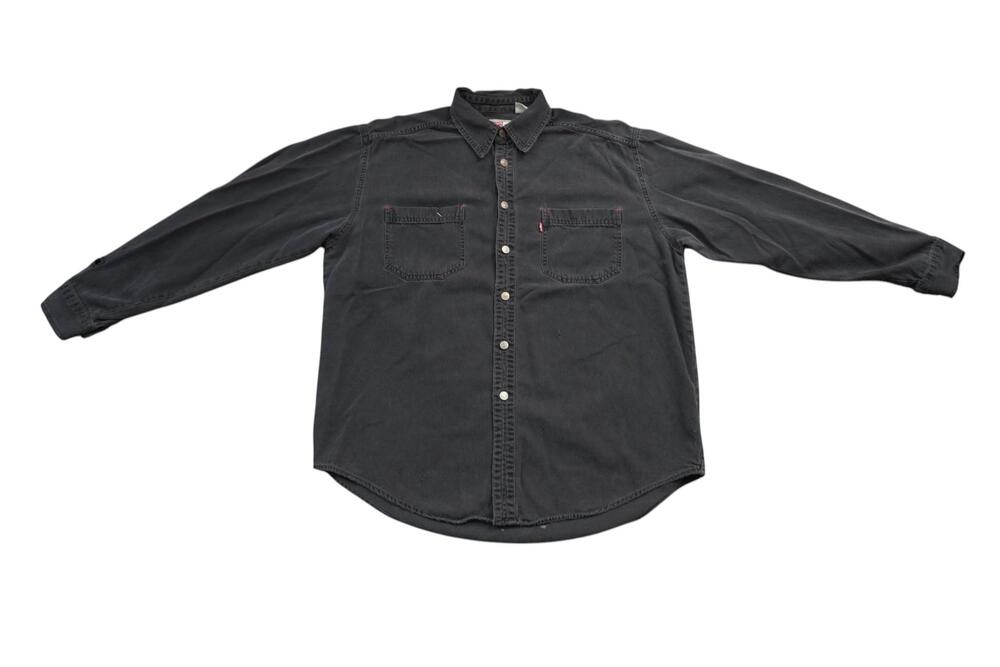 Vintage Levis Red Tab Shirt Mens Large Gray Denim Snap Button Hong Kong Distress
